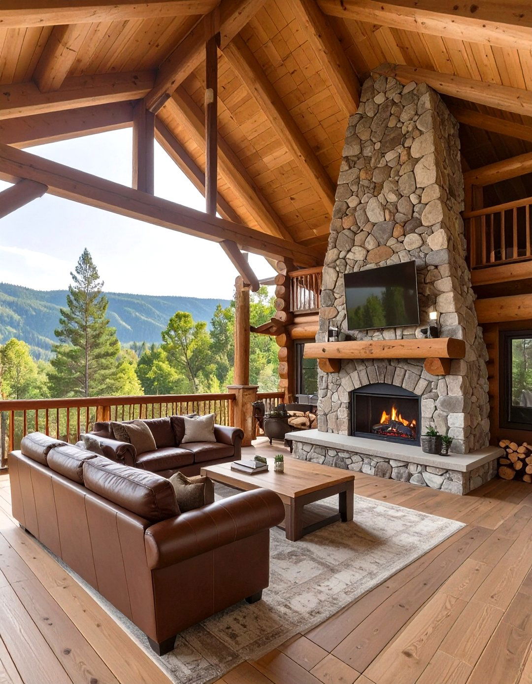 Mountain Lodge Deck with Stone Fireplace - 30 covered patio ideas attached to house