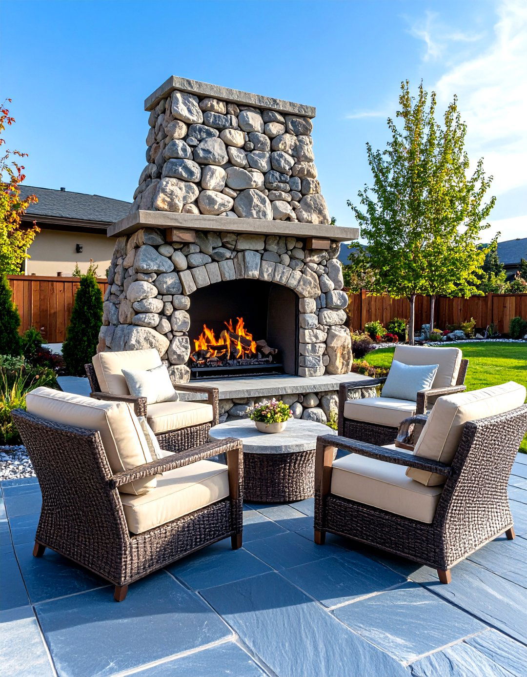 Mountain Lodge Stacked Stone Fireplace - 30 fire pit landscaping ideas