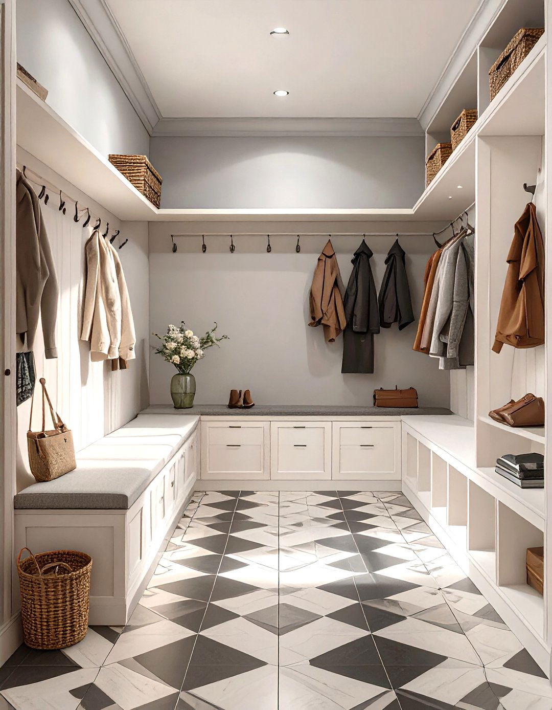 Mudroom with Geometric Tile Flooring - 30 modern mudroom ideas