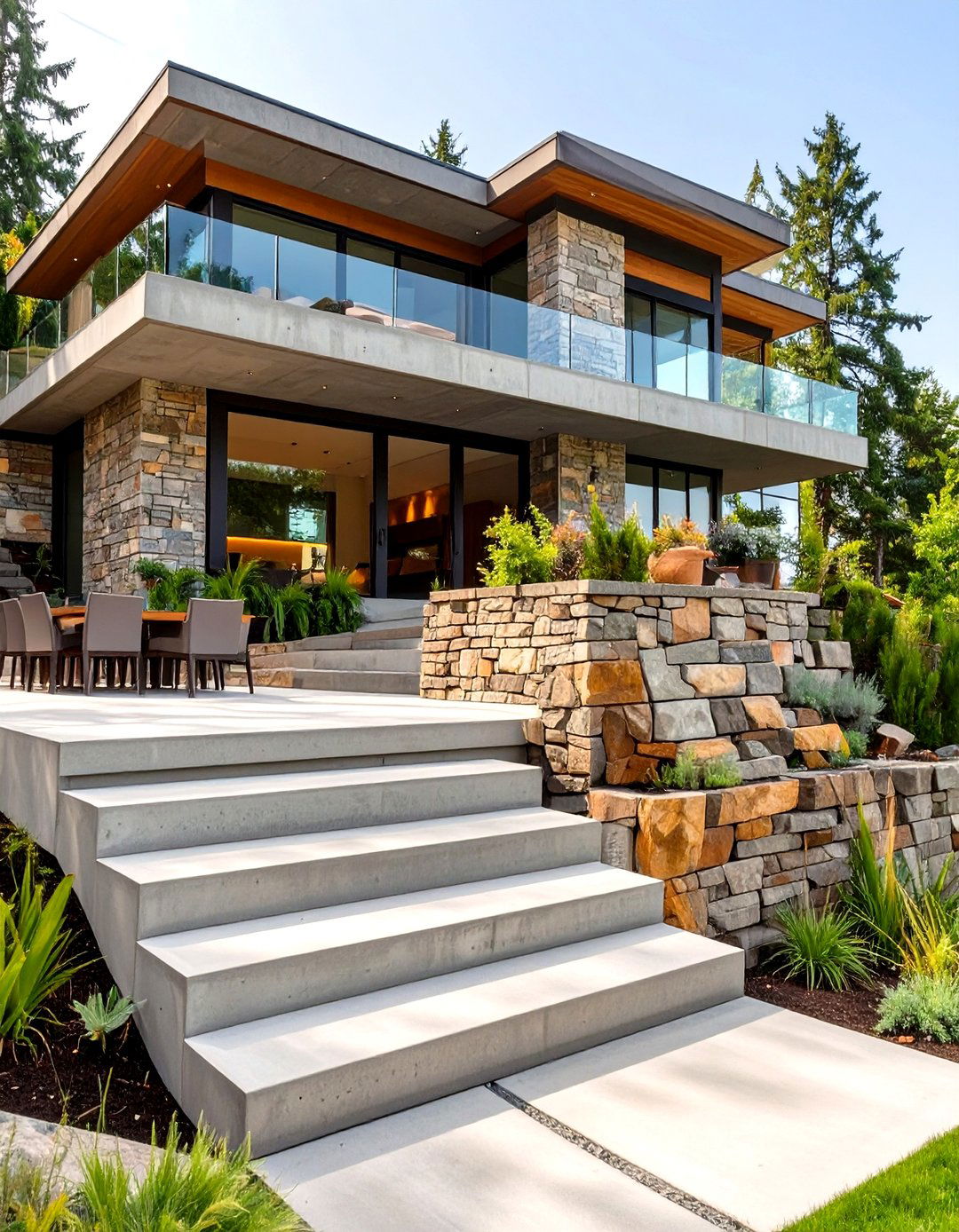 Multi Level Concrete Deck for Sloped Yards - 30 concrete deck ideas