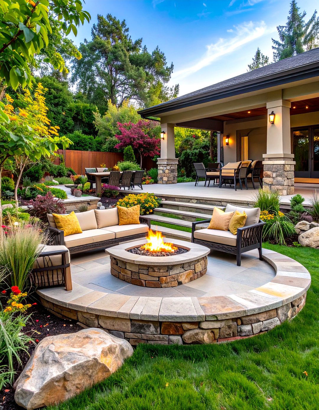 Multi Level Patio with Firepit Feature - 30 firepit patio ideas