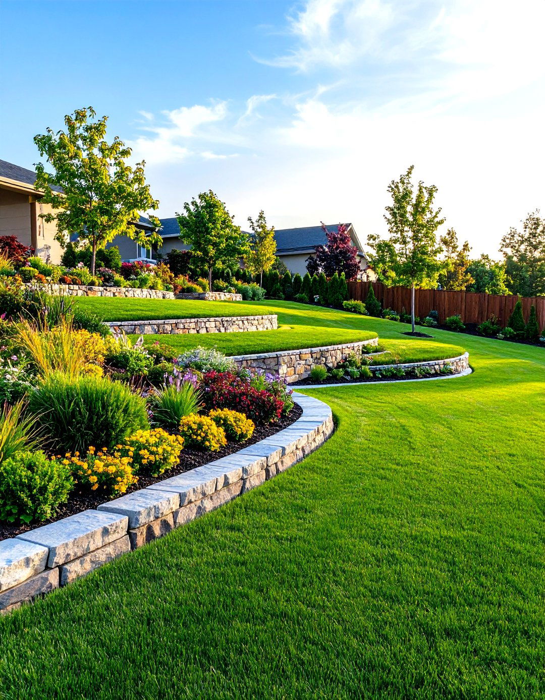 Multi Level Retaining Wall with Lawn Terraces - 30 retaining wall ideas for sloped backyard