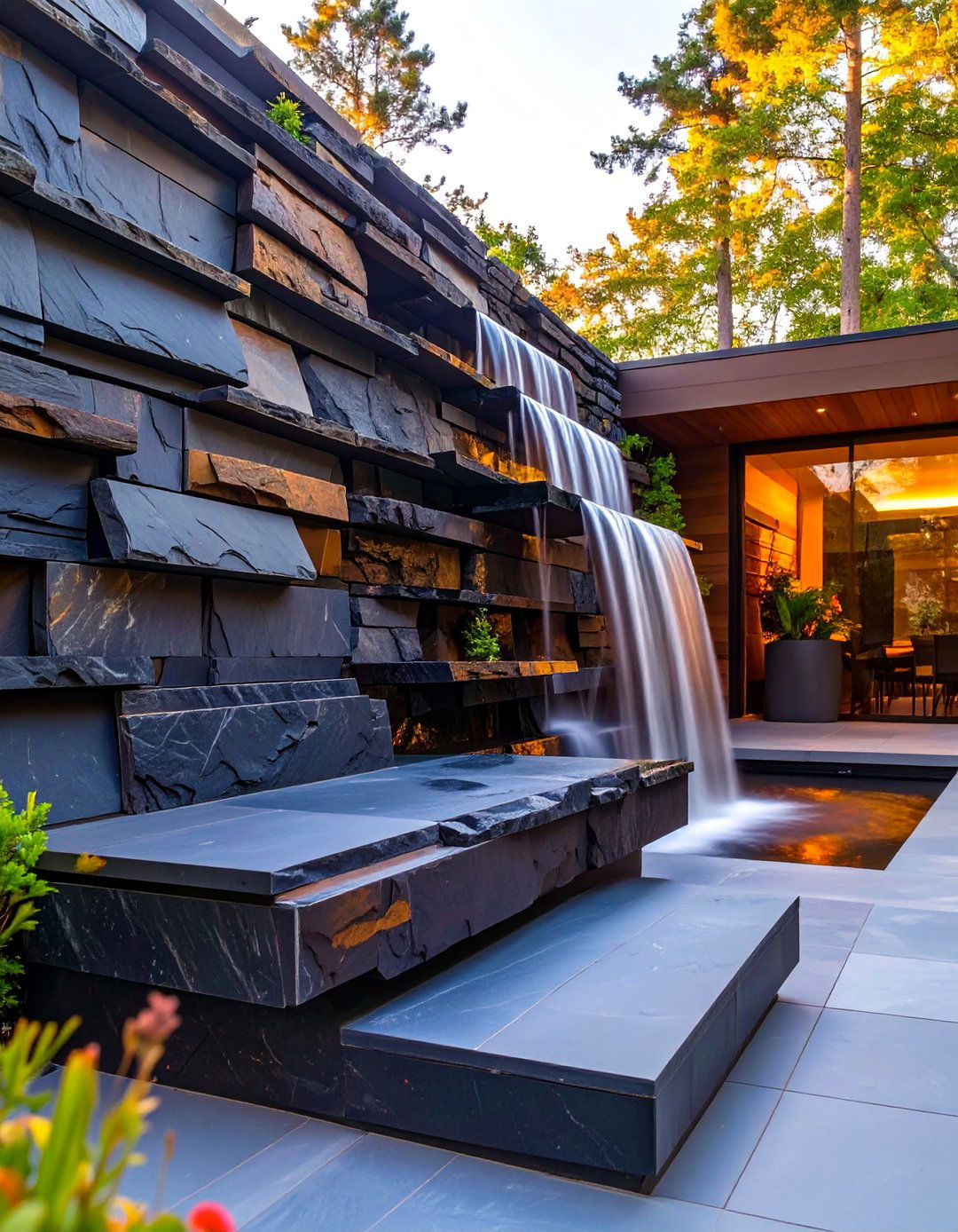 Multi Tiered Slate Wall - 30 backyard waterfall ideas