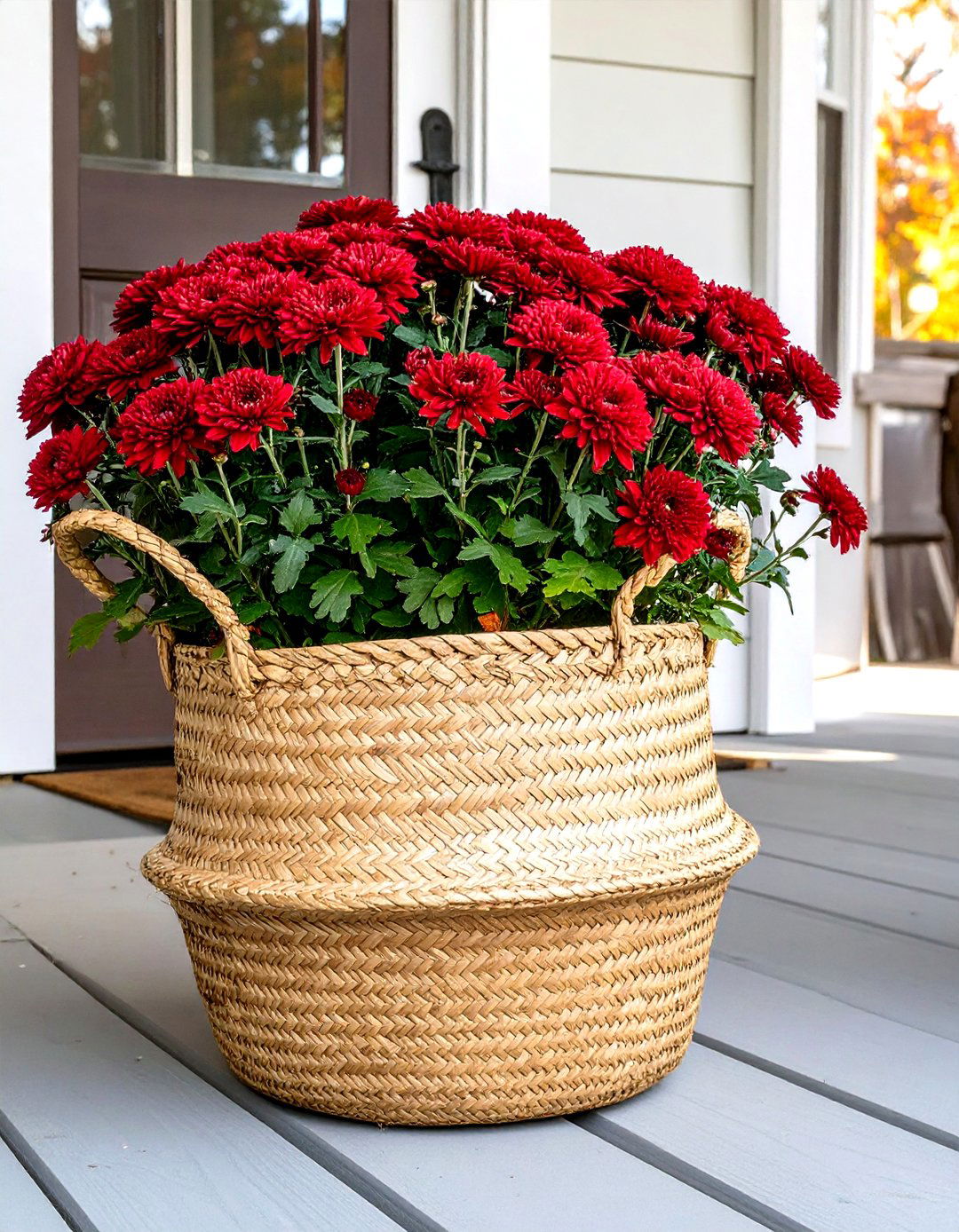 Mums in a Woven Basket - 30 small front porch fall decorating ideas