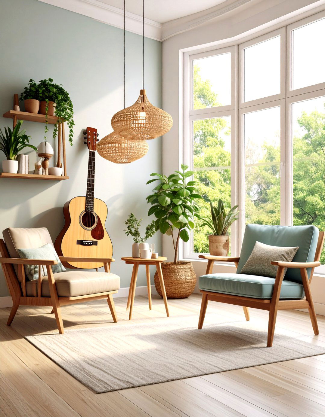 Music Corner with Instrument Display - 30 living room bay window ideas