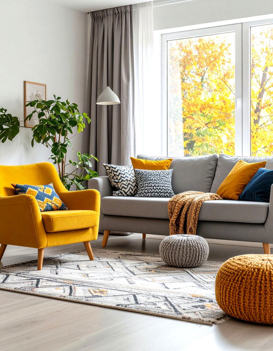 Mustard Yellow and Grey Pop Living Room - 30 grey couch living room ideas