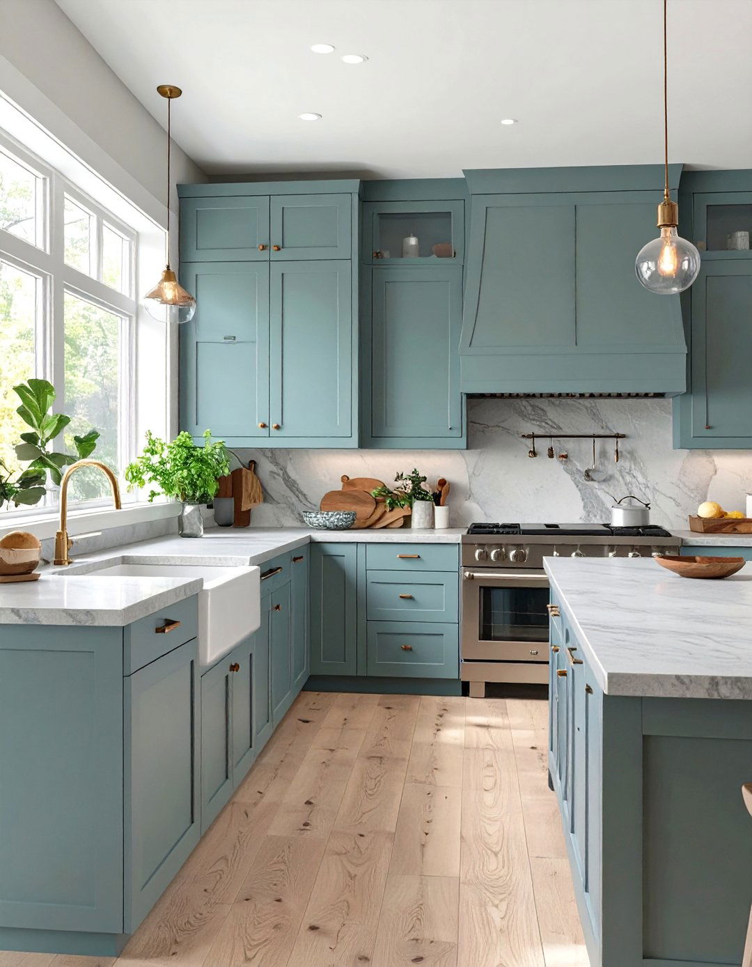 Muted Blue Green Kitchen for a Calming Effect - 30 blue kitchen cabinets ideas