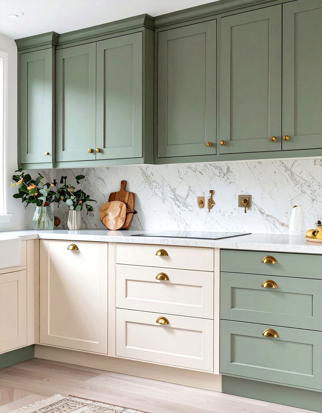Muted Green Uppers with Cream Lower Cabinets - 30 two tone painted kitchen cabinet ideas