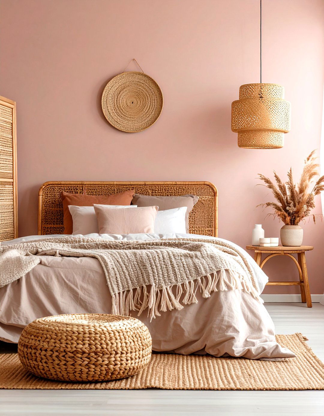 Muted Pink with Rattan and Wicker - 30 pink bedroom ideas for adults