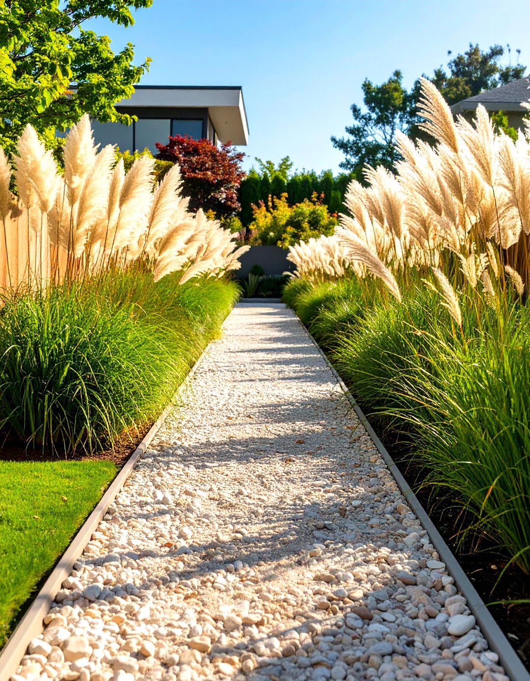 Narrow Gravel Path with Tall Grasses - 30 side yard landscaping ideas