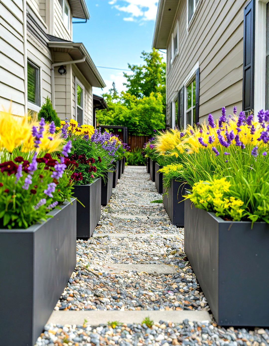 Narrow Gravel Path with Tall Planters - 30 side of house landscaping ideas