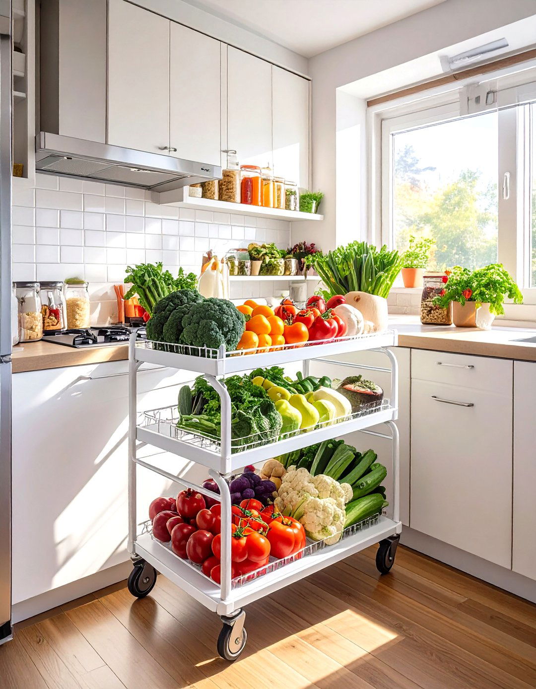 Narrow Rolling Cart for Extra Storage - 30 very small kitchen ideas on a budget