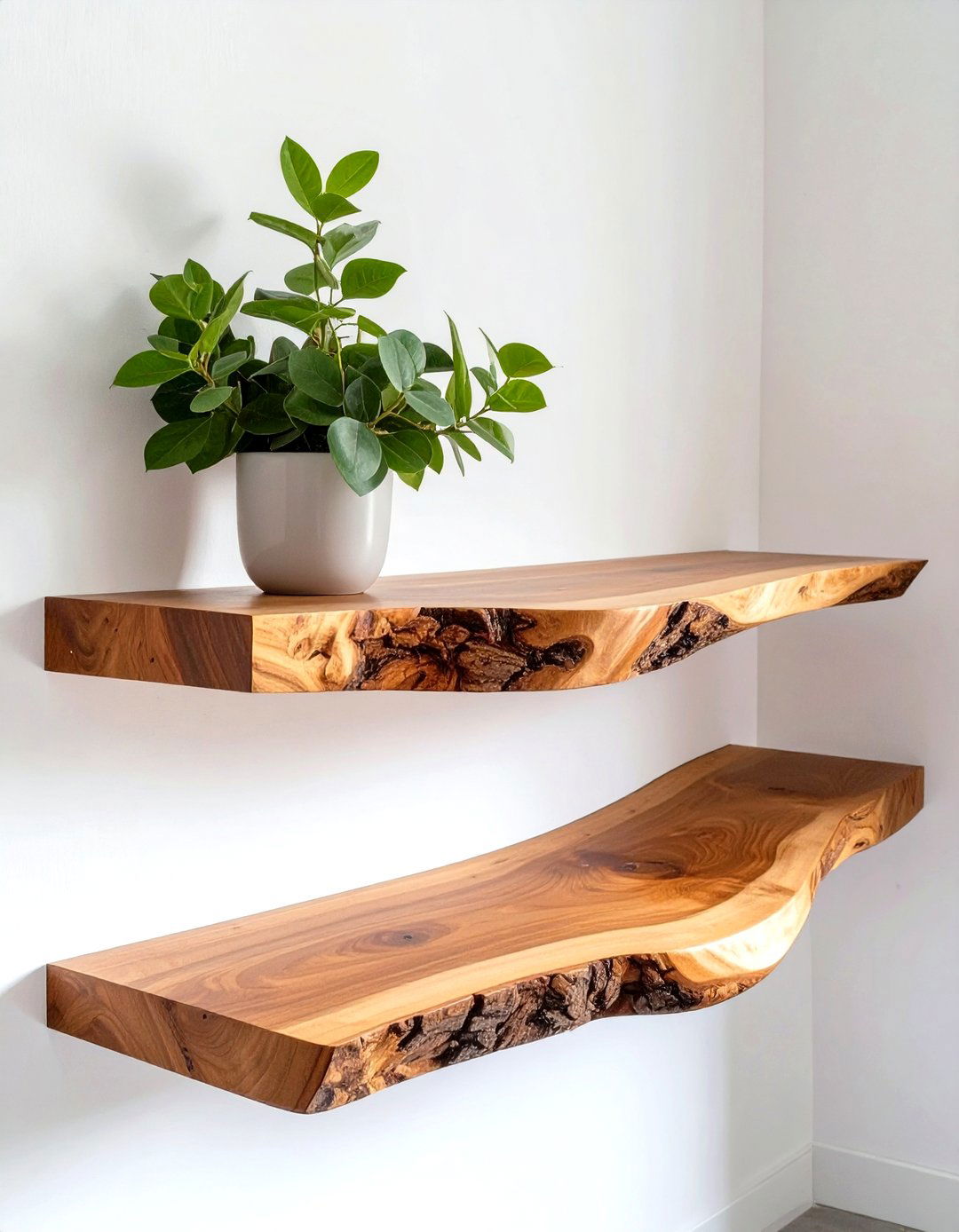 Natural Edge Wood Slab Shelves - 30 floating shelves ideas living room