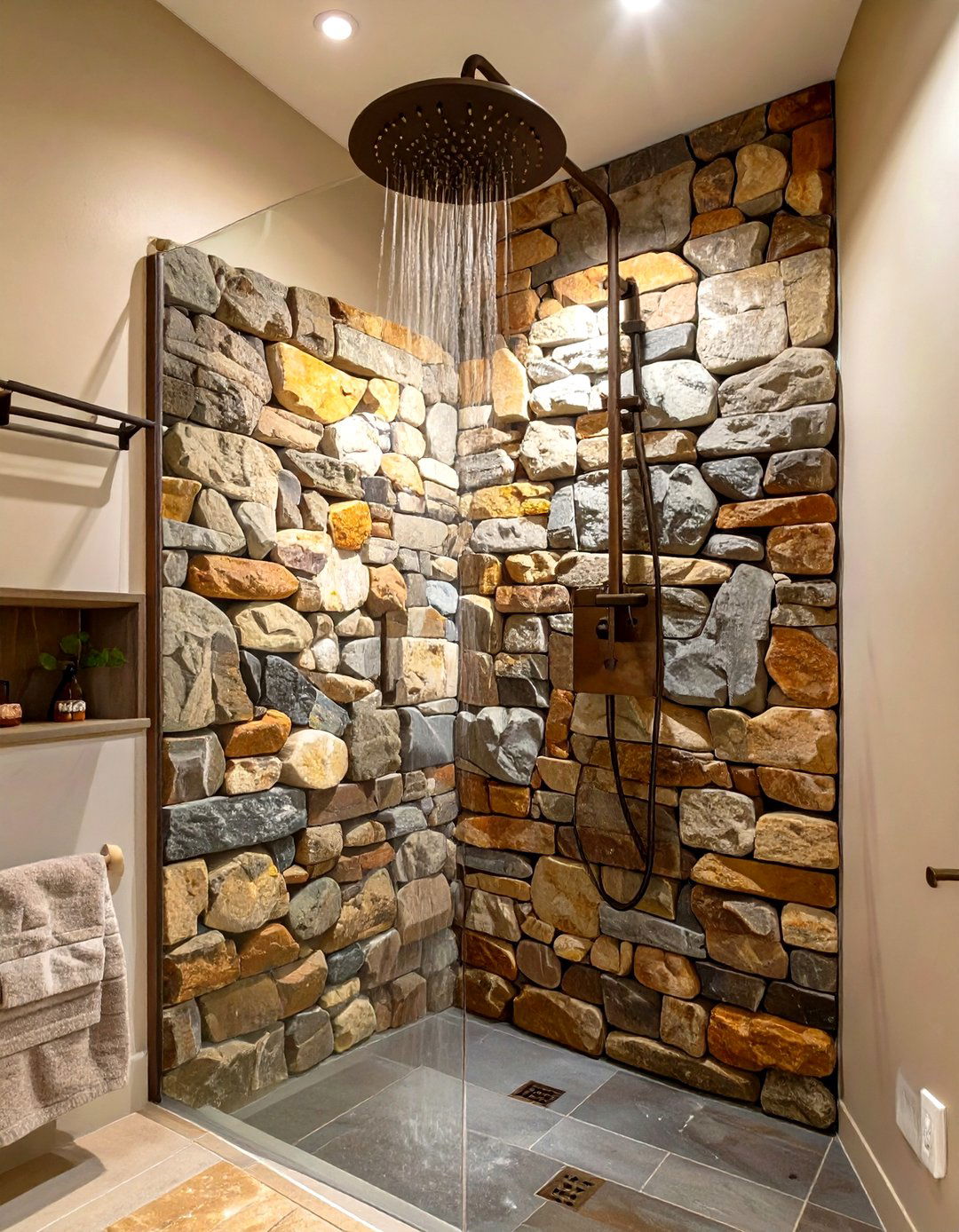Natural Fieldstone Wall Rustic Shower - 30 rustic shower ideas