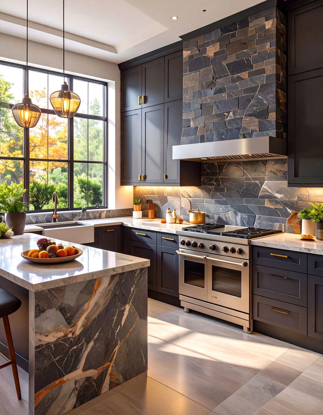Natural Slate Tile Backsplash - 30 backsplash ideas for dark cabinets and light countertops