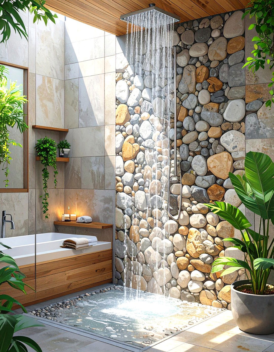 Natural Stone Pebble Tile Shower Walls - 30 shower wall ideas