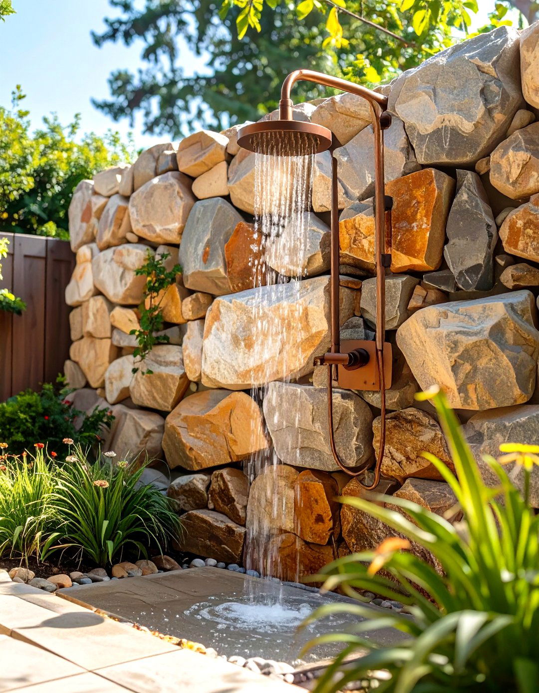 Natural Stone Wall Backdrop - 30 rustic outdoor shower ideas