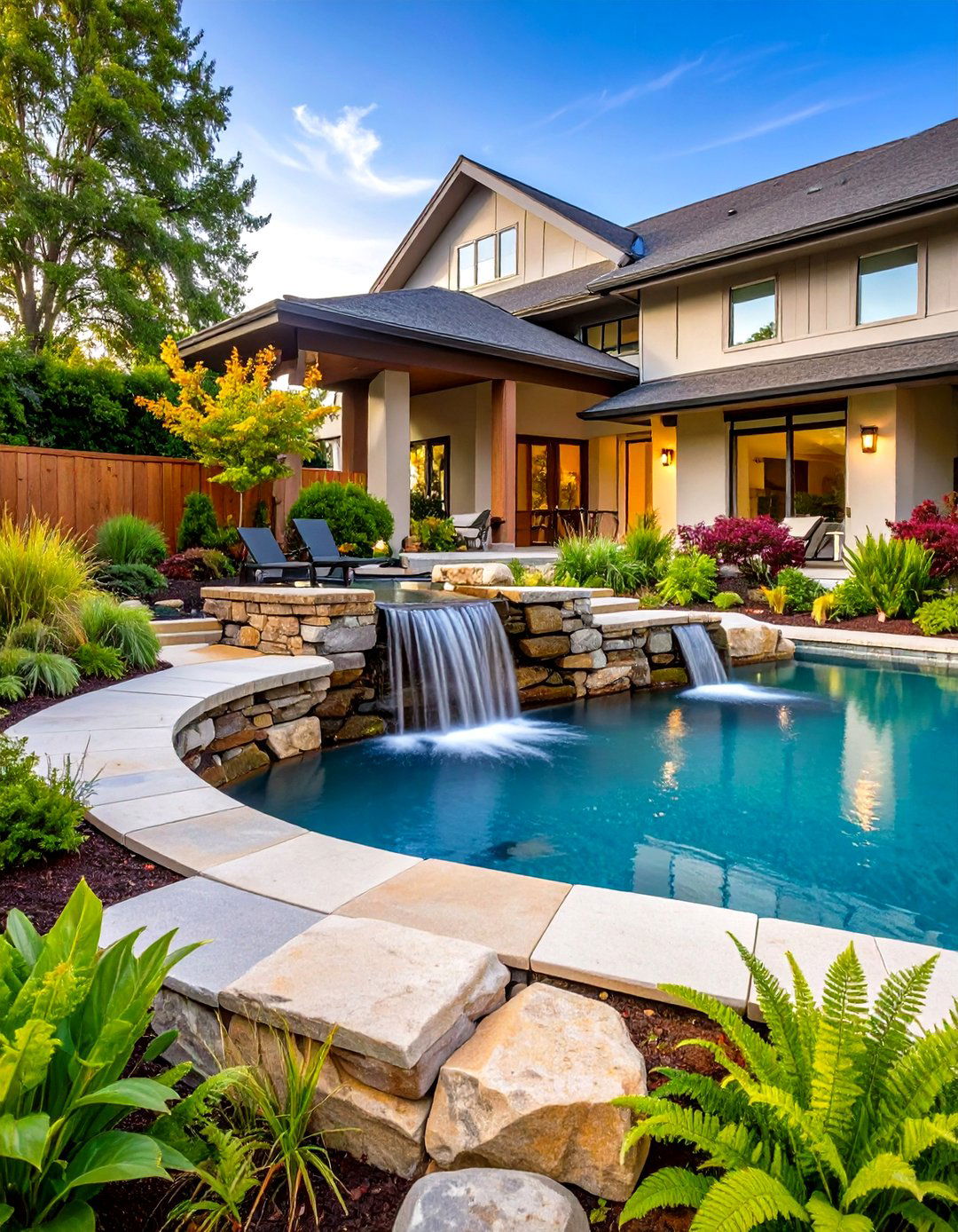 Natural Stone Waterfall Feature - 30 pool landscaping design ideas