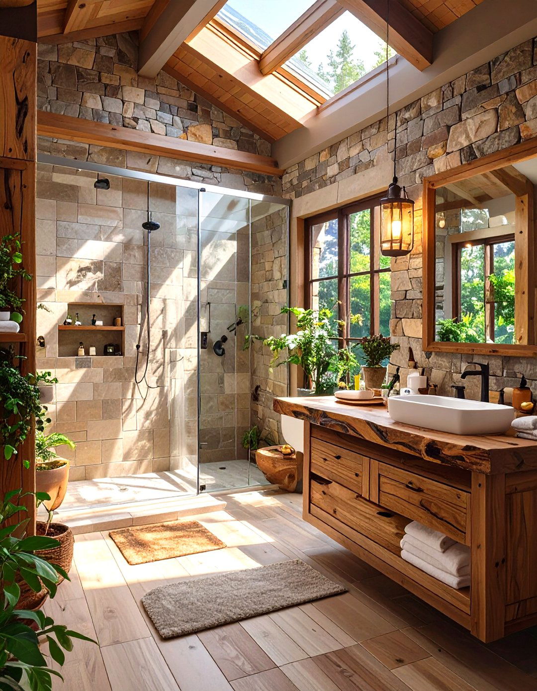 Natural Stone and Wood Elements - 30 modern farmhouse bathroom ideas