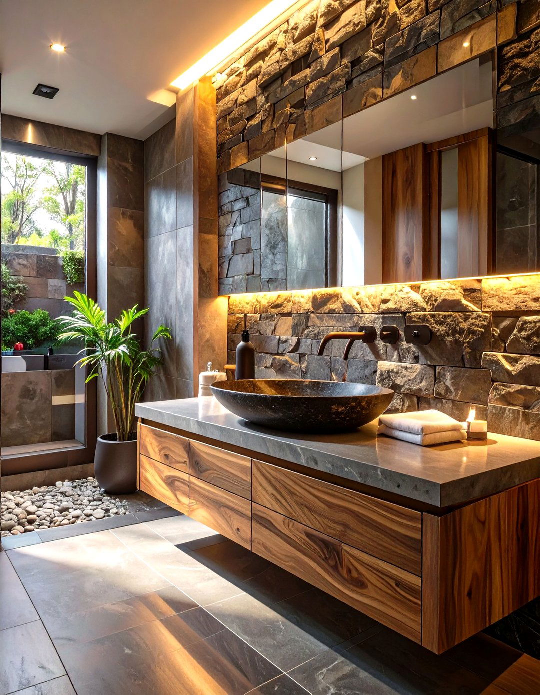 Natural Stone and Wood Half Bathroom - 30 modern half bathroom ideas