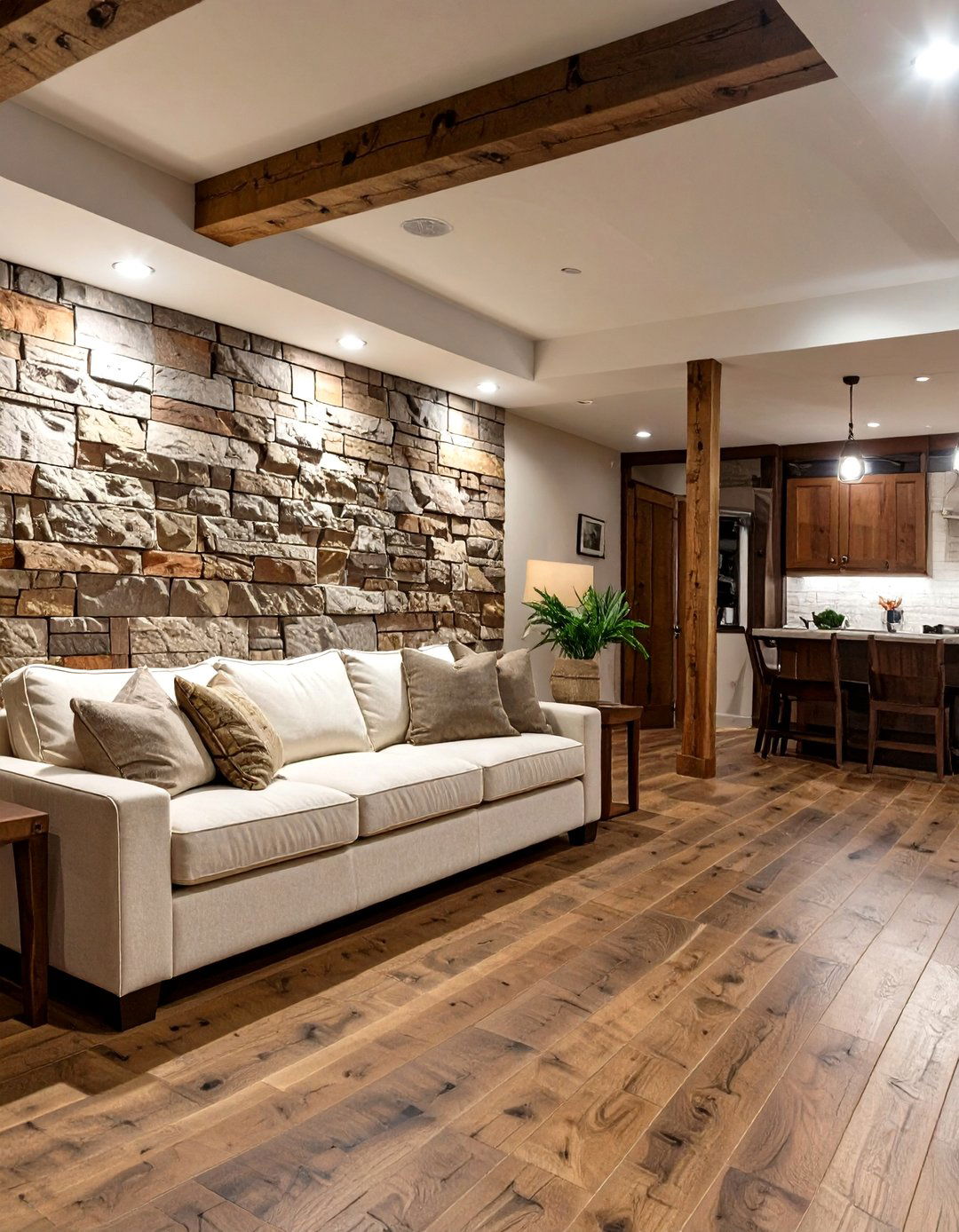 Natural Stone and Wood Tone Basement - 30 basement color ideas
