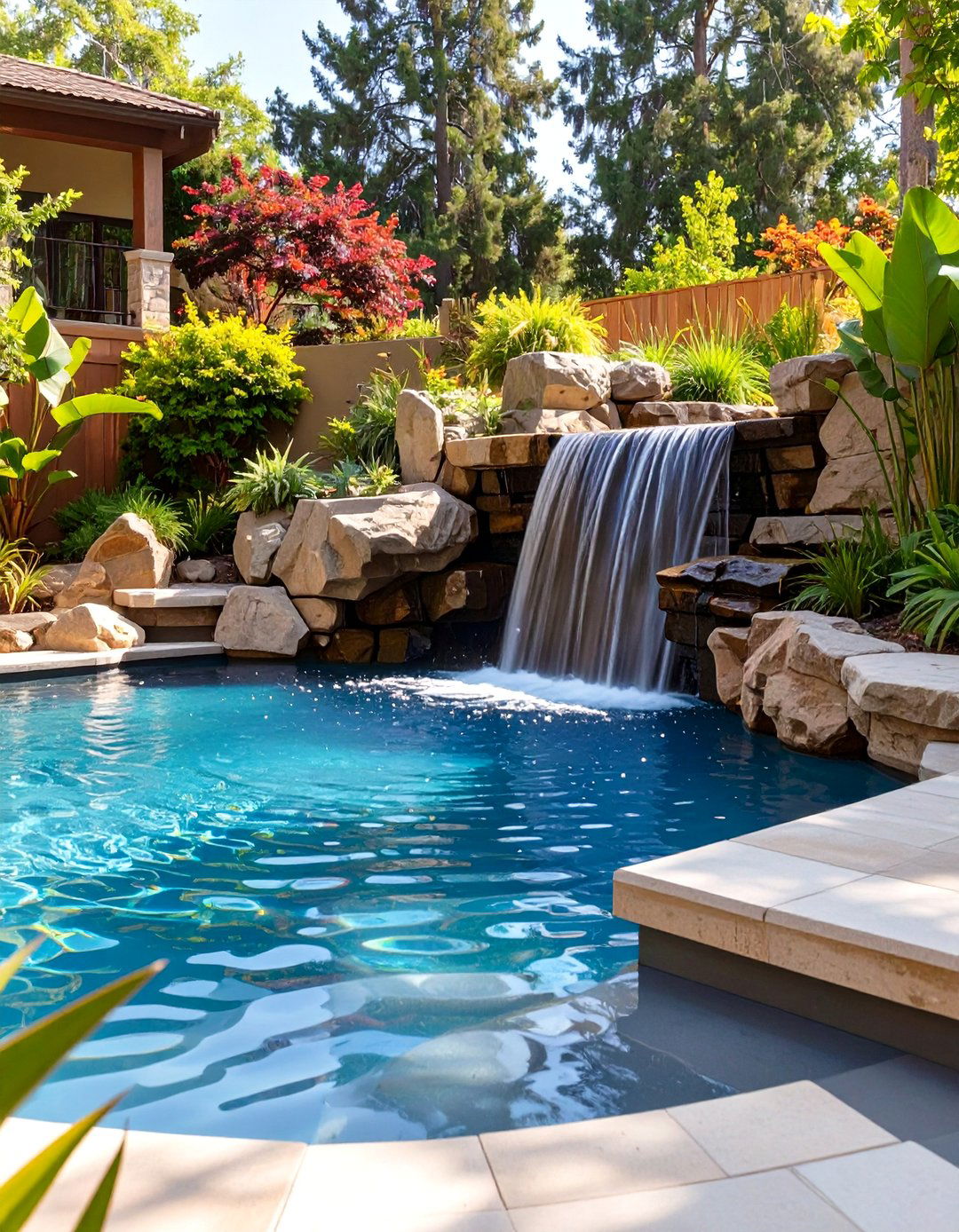 Natural Swimming Pond with Waterfall - 30 backyard waterfall ideas