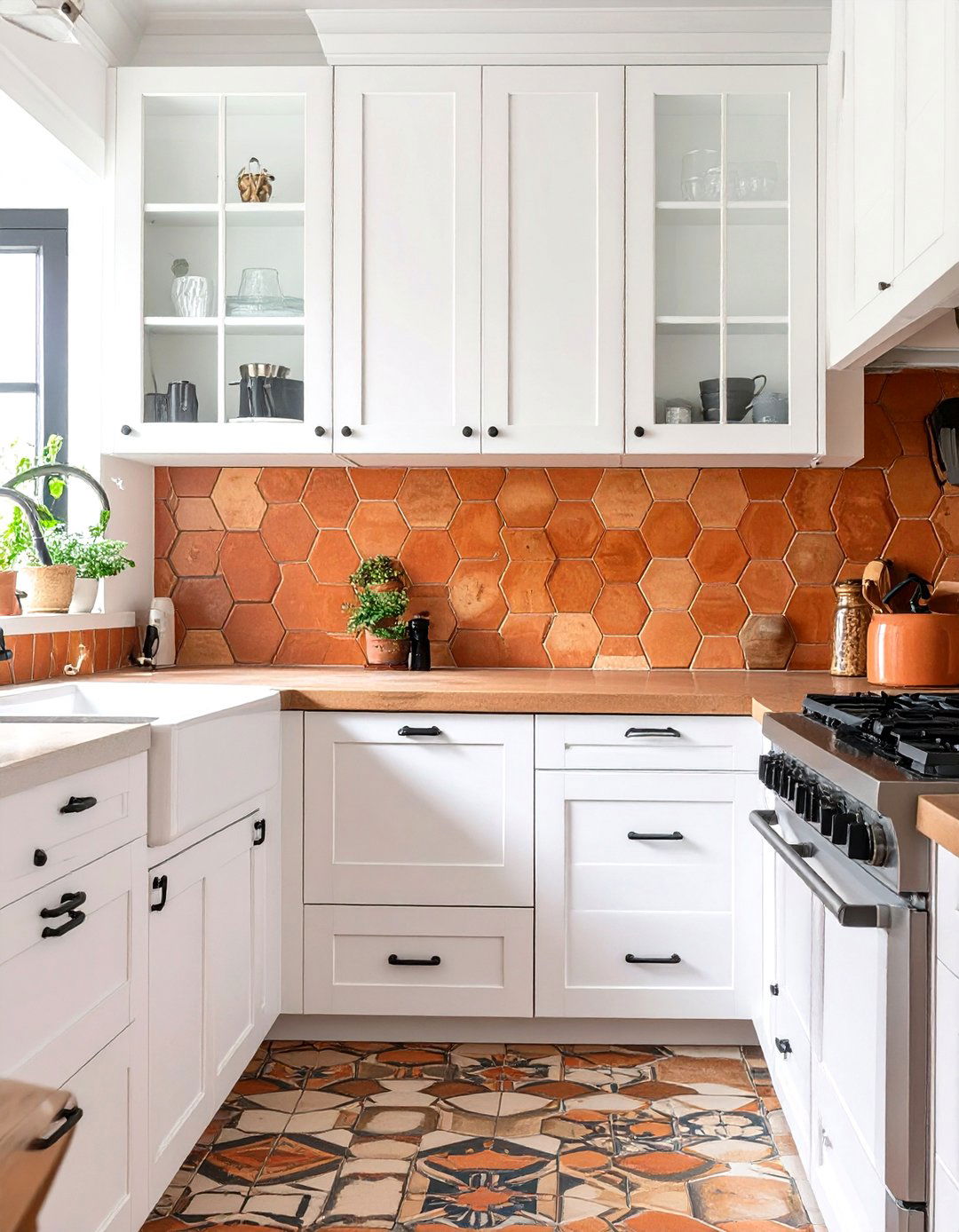 Natural Terracotta Tile Backsplash - 30 white cabinet kitchen backsplash ideas