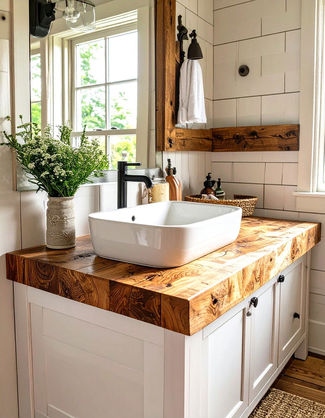 Natural Wood Countertop for a Small Farmhouse Bathroom - 30 small farmhouse bathroom ideas