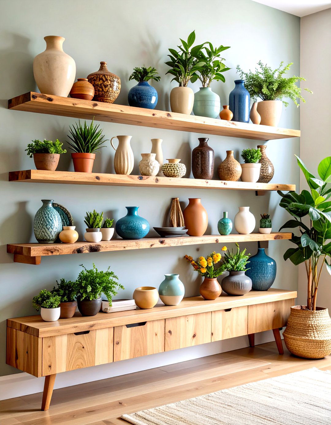 Natural Wood Live Edge Living Room Shelves - 30 living room wall shelf decor ideas