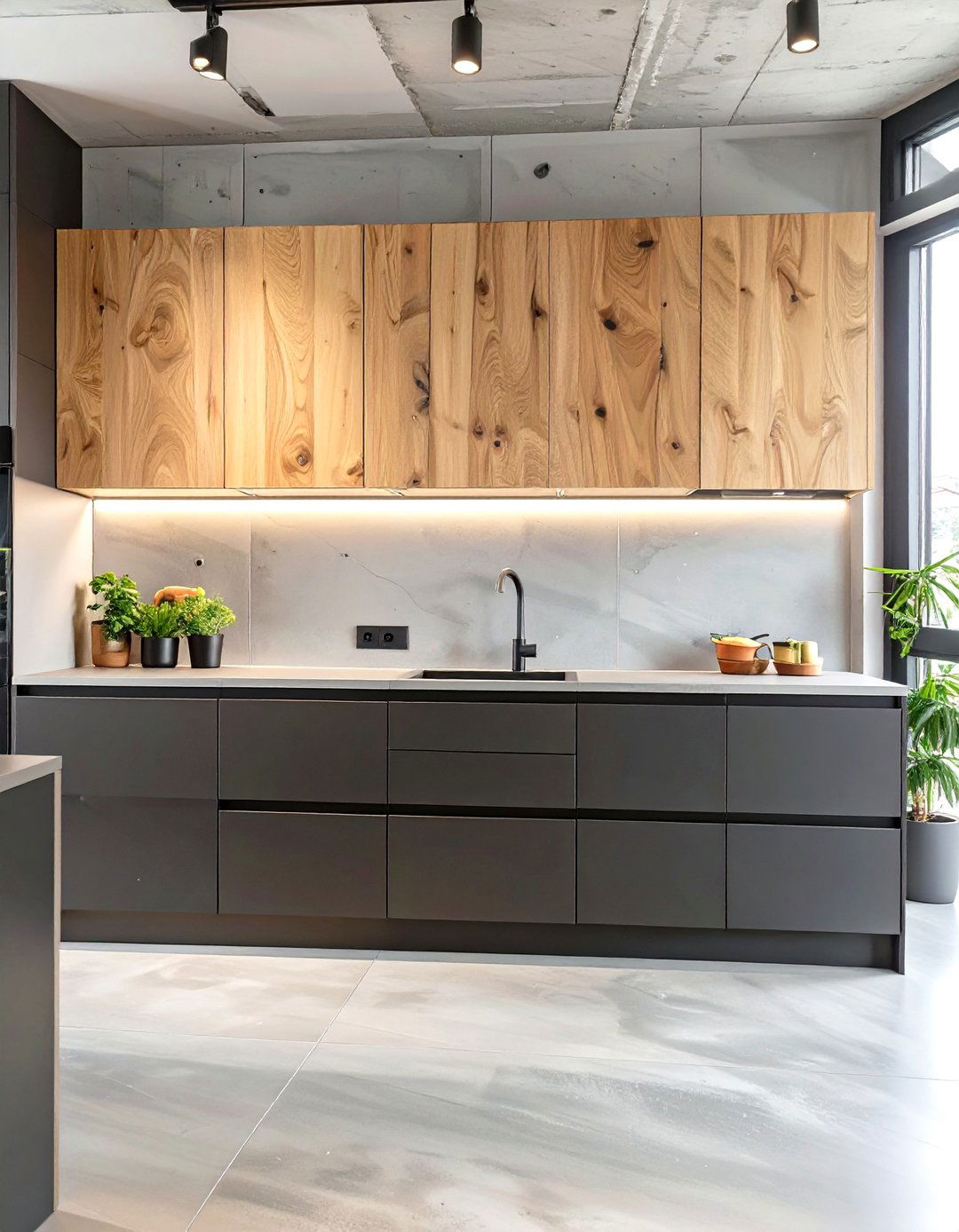 Natural Wood Uppers with Sleek Black Lowers - 30 two tone kitchen cabinet ideas