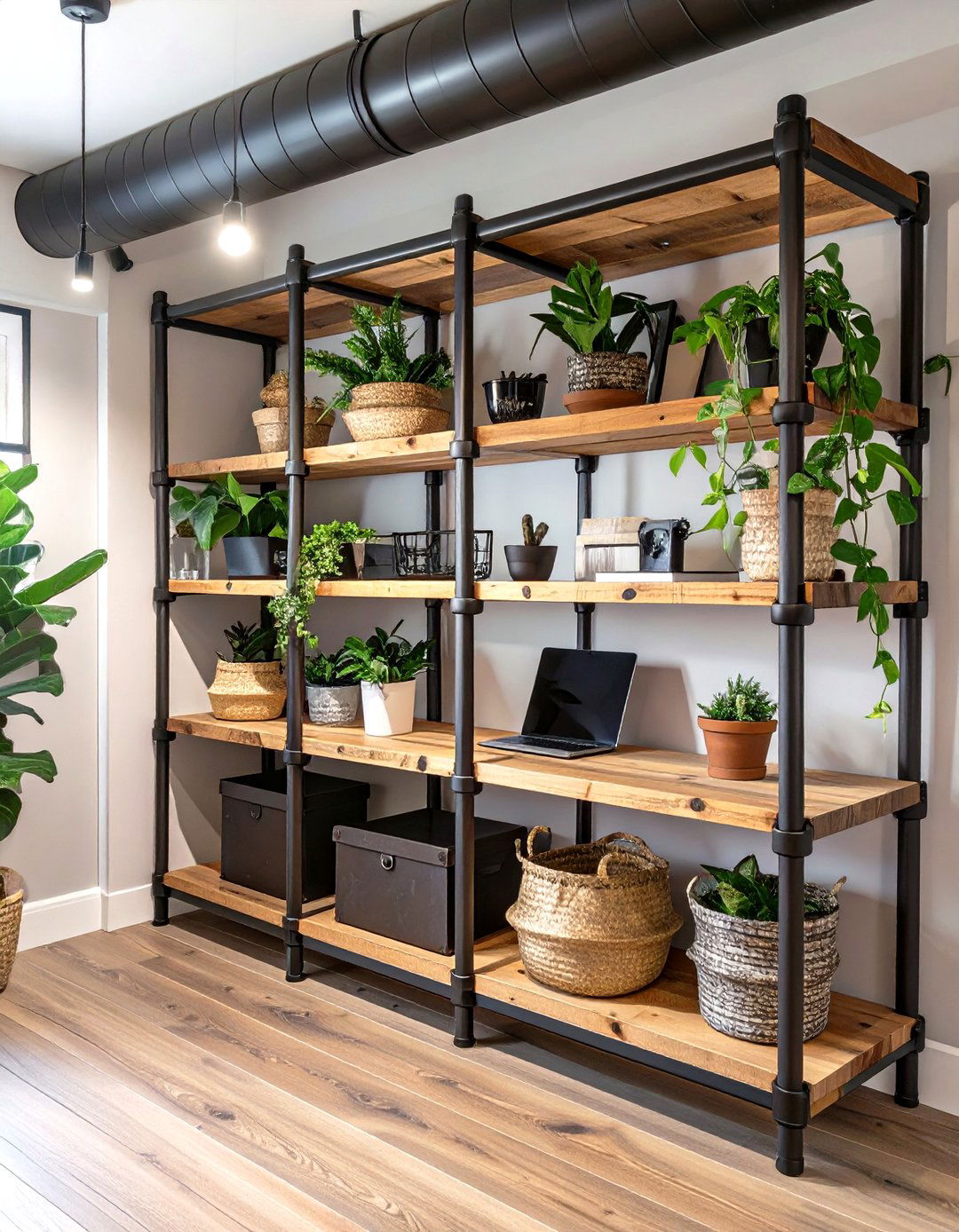 Natural Wood and Black Pipe Shelving - 30 basement shelving ideas