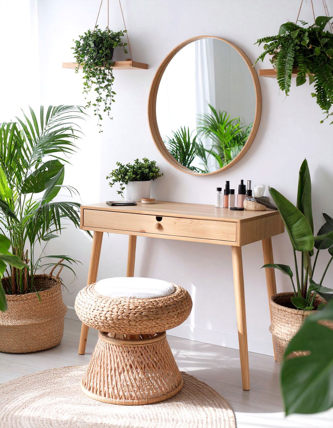 Natural Wood and Plant Filled Makeup Vanity - 30 makeup vanity ideas