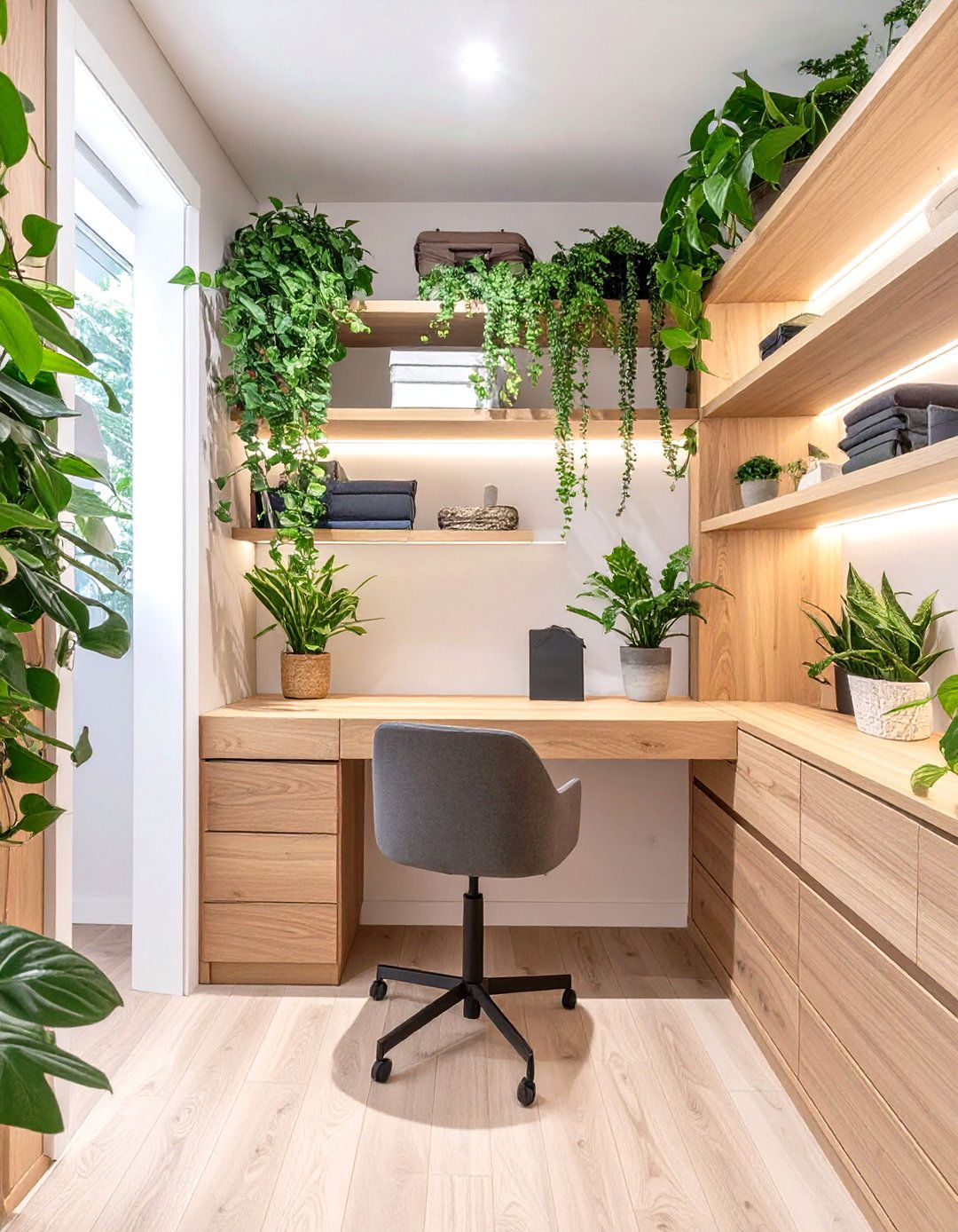 Natural Wood and Plants Haven - 30 closet office ideas