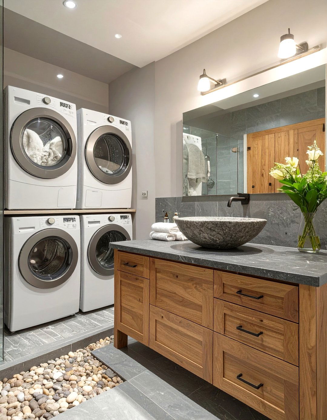 Natural Wood and Stone Spa - 30 combination small bathroom and laundry room combo designs