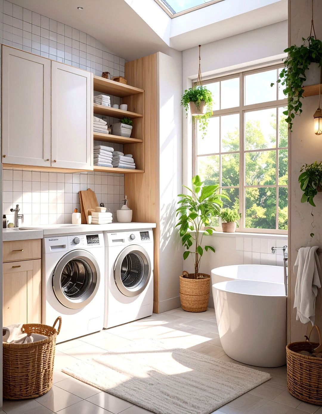 Natural Wood and White Laundry Space - 30 modern stacked laundry room ideas