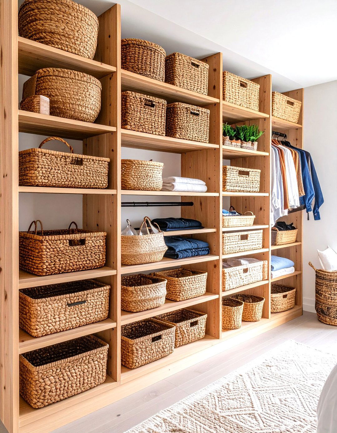 Natural Wood and Wicker Basket Closet - 30 diy closet ideas