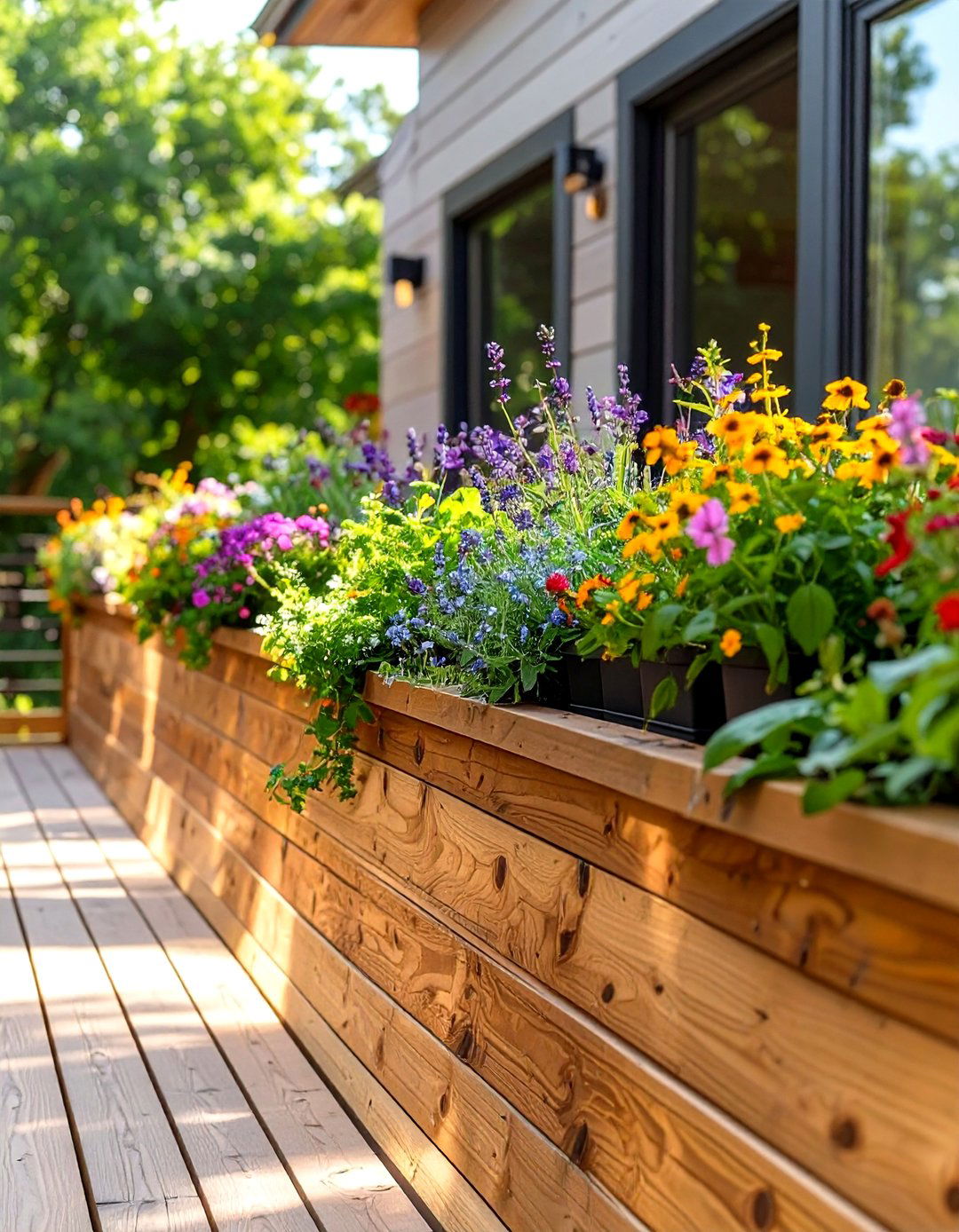 Natural Wood with Integrated Planters - 30 horizontal deck railing ideas