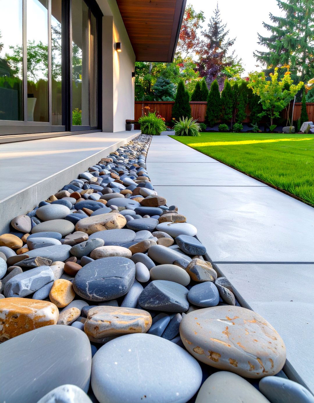 Naturalistic Border with River Rocks - 30 concrete patio ideas on a budget