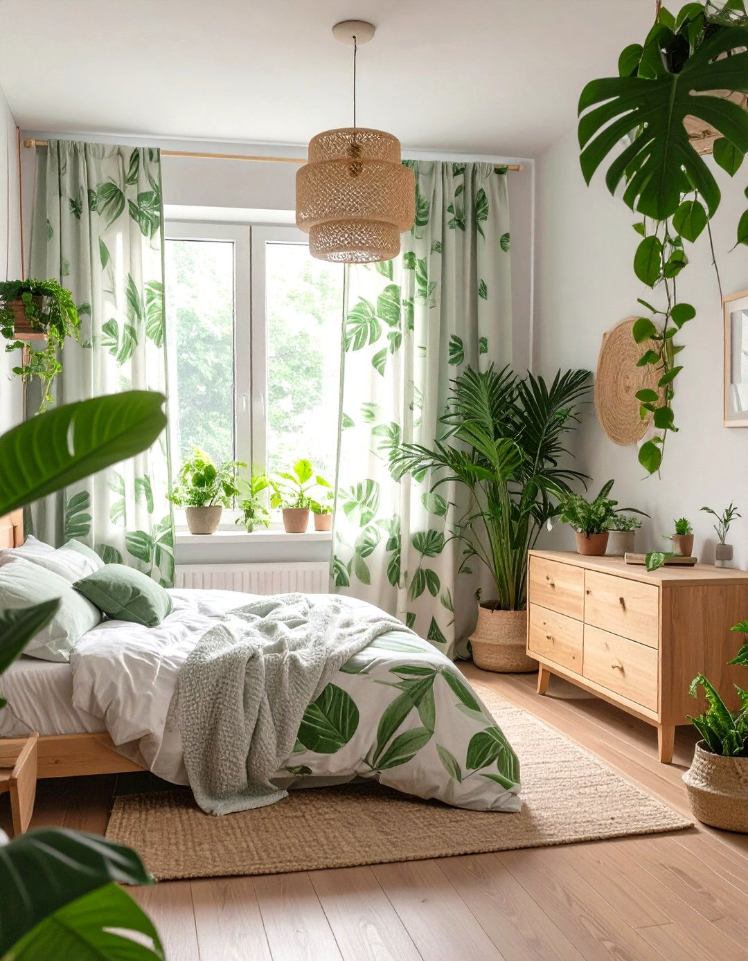 Nature Inspired Print Curtains in a Biophilic Bedroom - 30 curtain ideas for bedroom