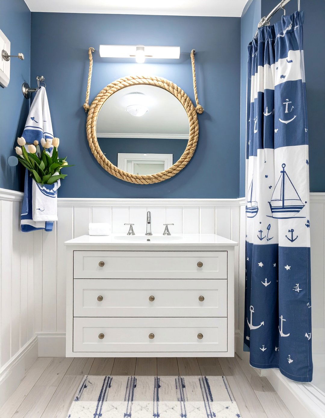 Nautical Navy and White Bathroom - 30 kids bathroom ideas