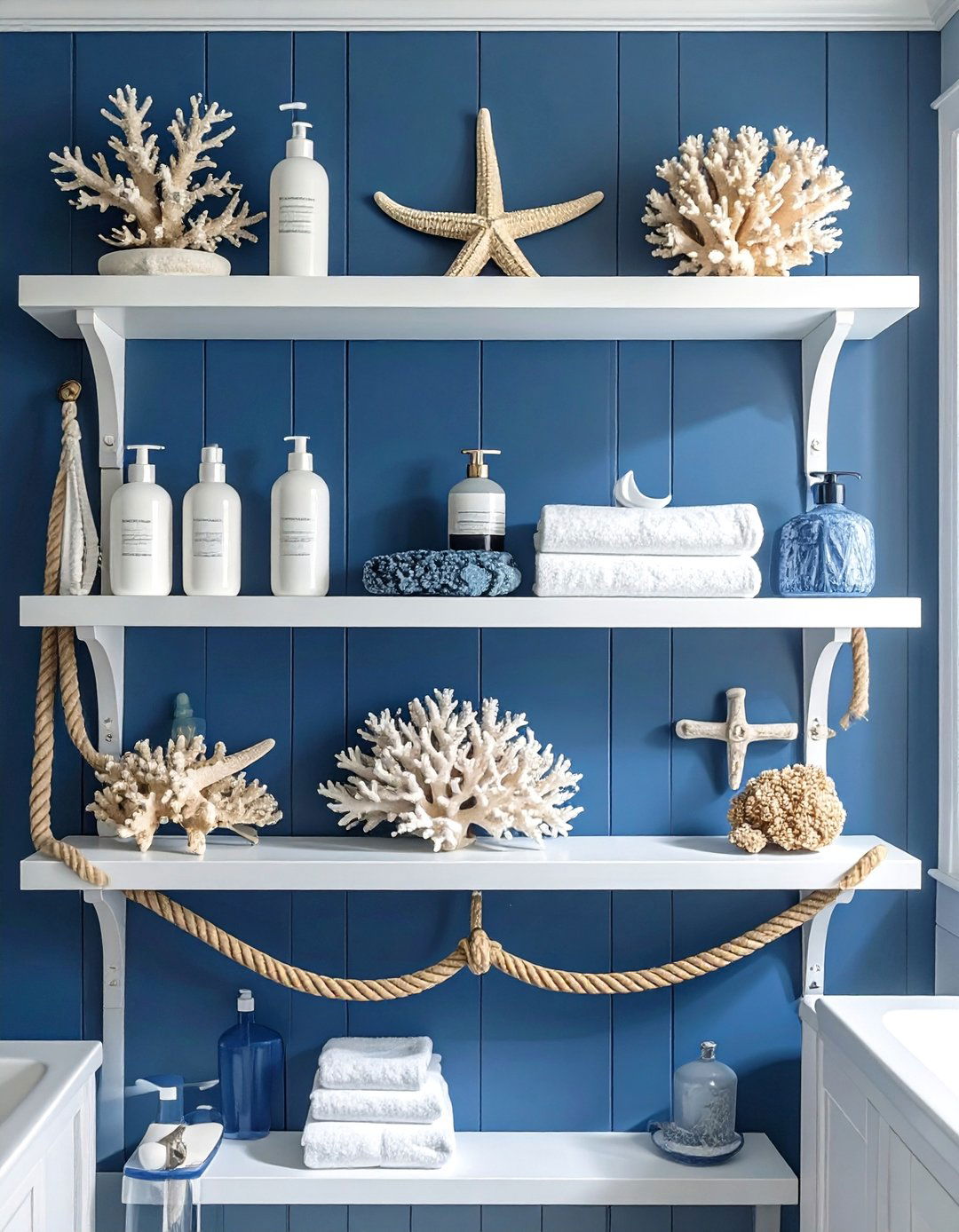 Nautical Navy and White Bathroom Shelf - 30 bathroom shelf decor ideas