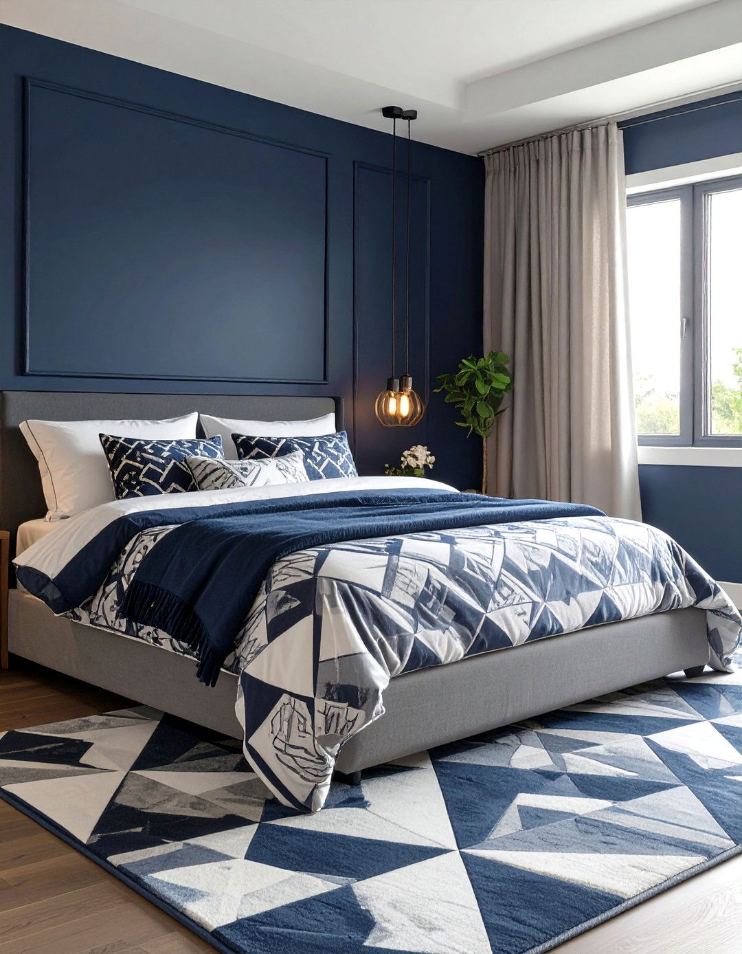 Navy Bedroom with Geometric Patterns - 30 modern navy blue bedroom ideas