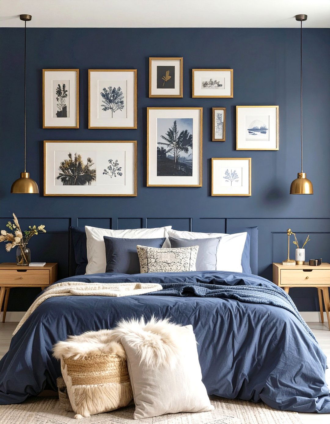Navy Bedroom with a Gallery Wall - 30 modern navy blue bedroom ideas