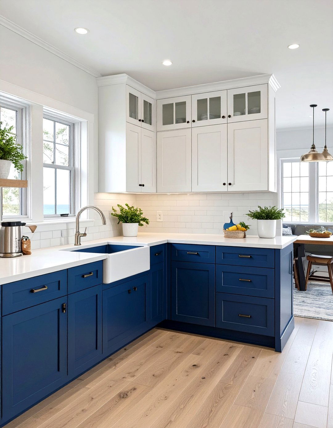 Navy Blue Accent Cabinetry - 30 small coastal kitchen ideas