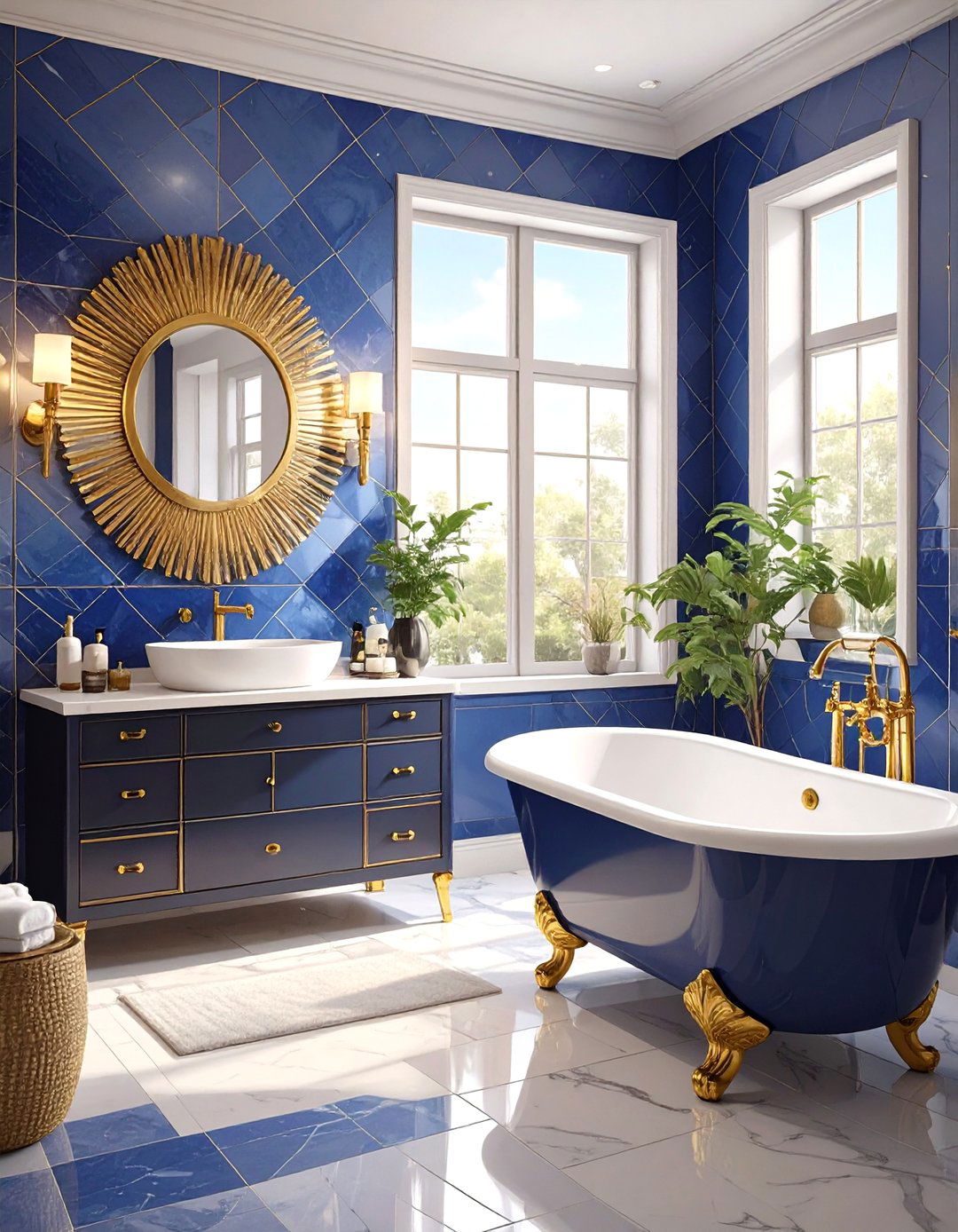 Navy and Gold Art Deco Bathroom - 30 blue bathroom ideas