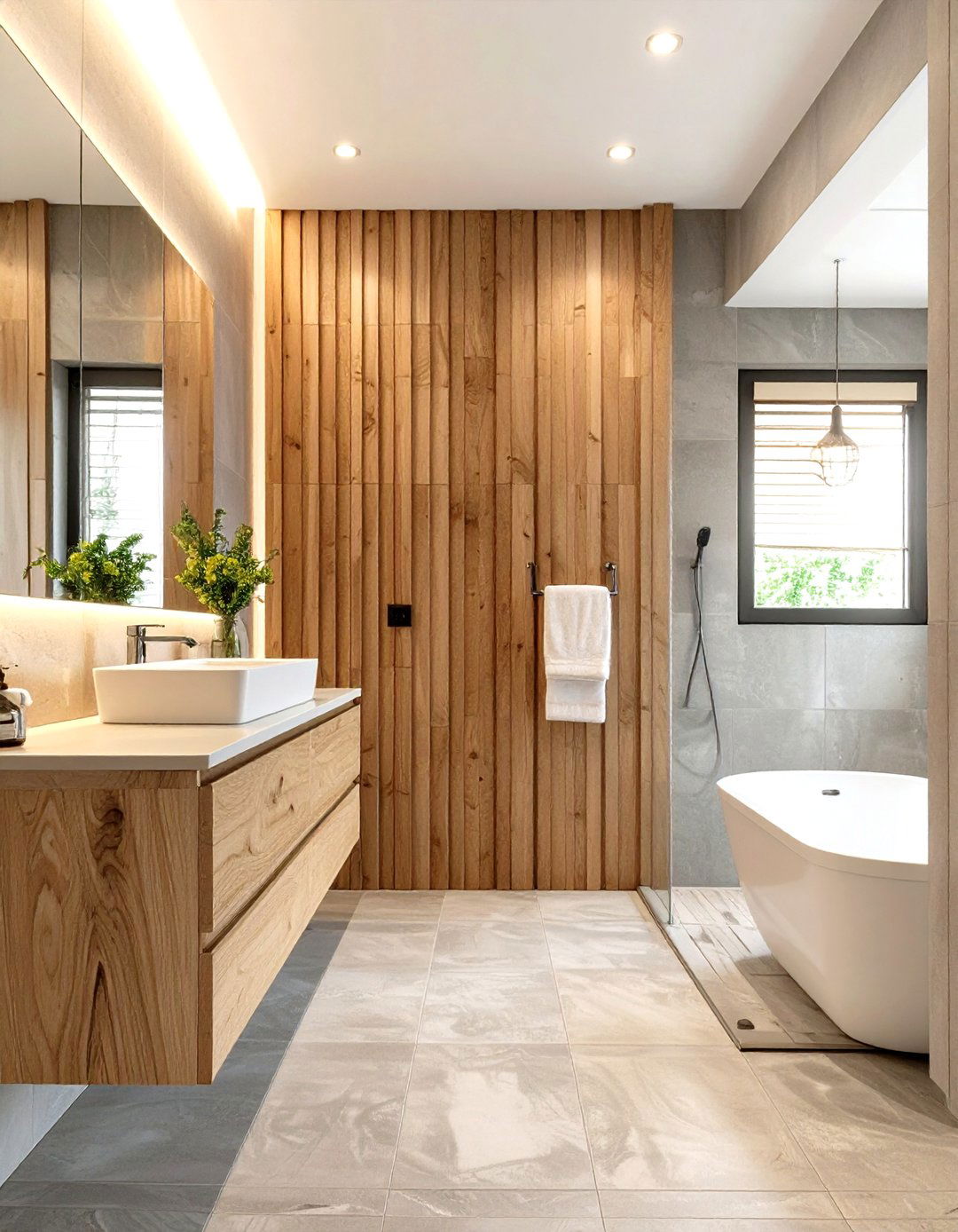 Neutral Bathroom with Wood Slats - 30 neutral bathroom ideas