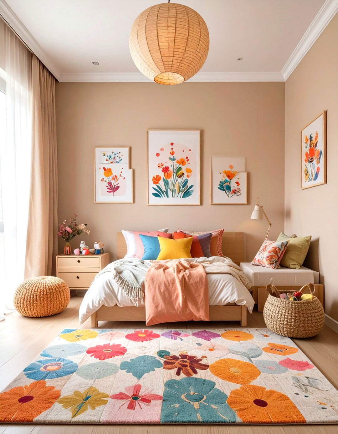 Neutral Beige with Colorful Art - 30 girls room paint ideas