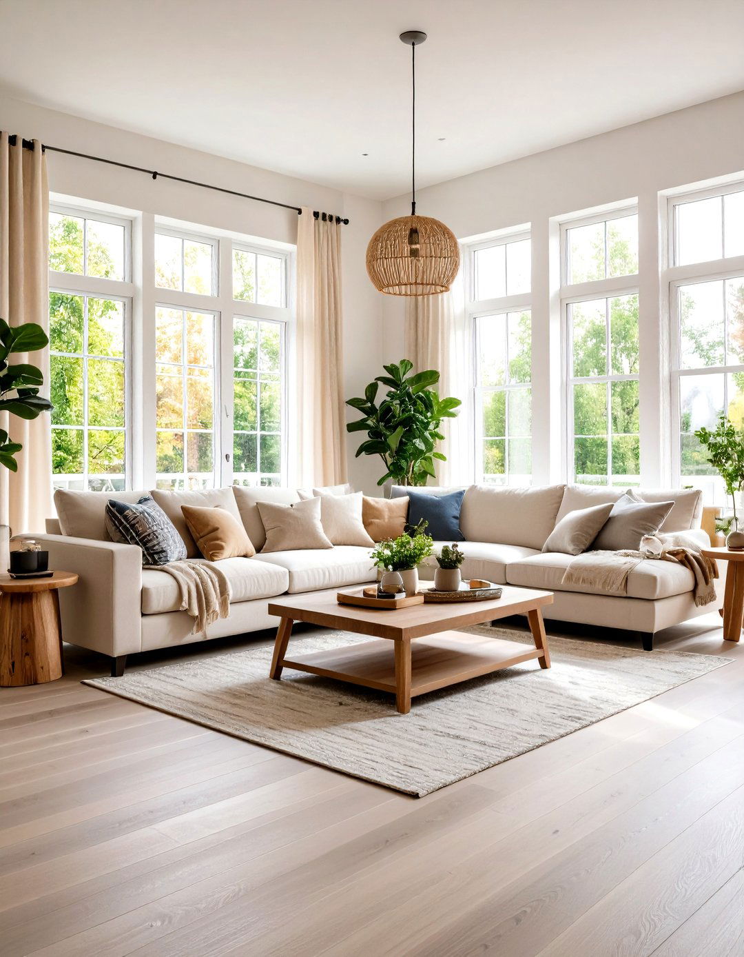 Neutral Toned Living Room with Greige Wood Floors - 30 grey flooring living room ideas