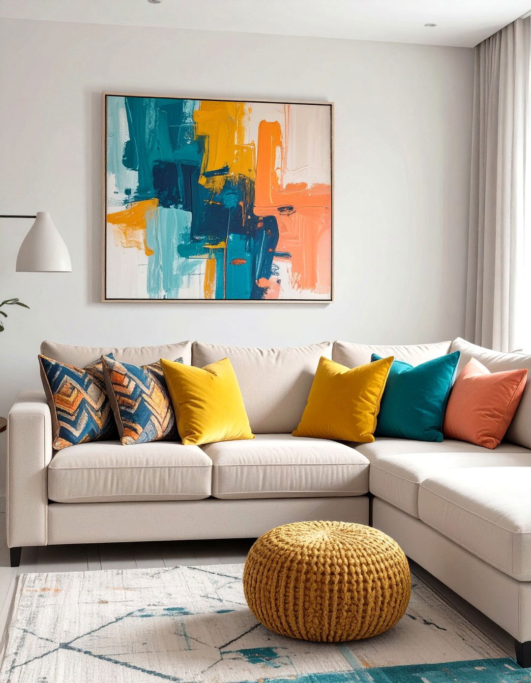 Neutral Toned Sectional with Colorful Accents - 30 sectional living room ideas