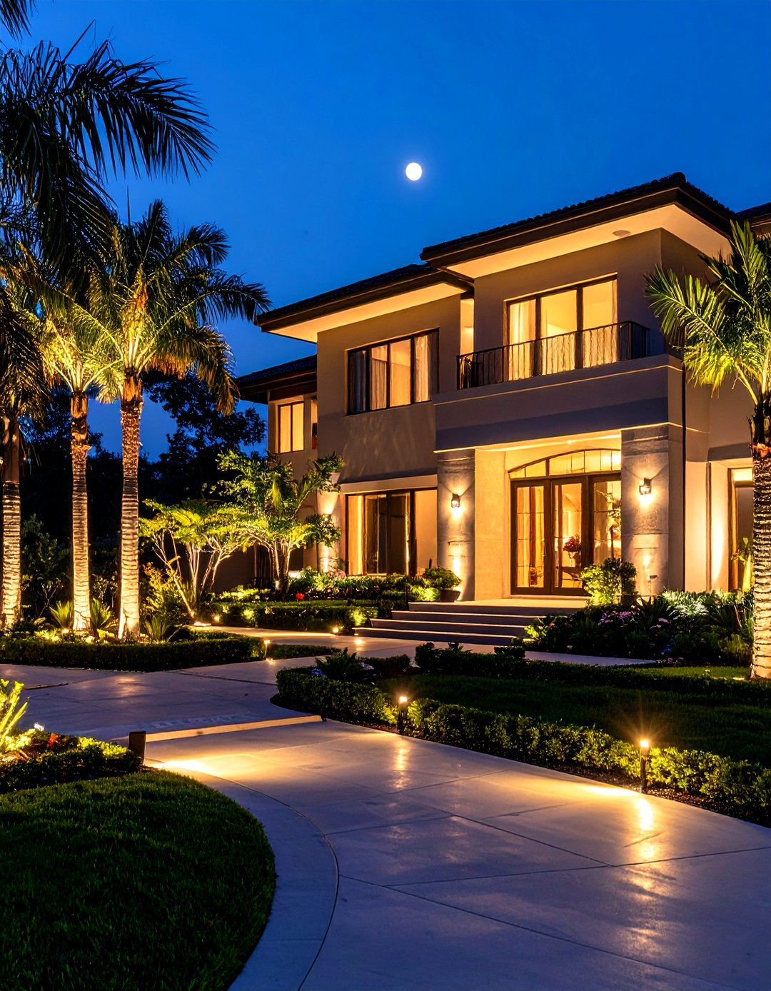 Night Lit Front Yard Palm Tree Spectacle - 30 front yard palm tree landscape design ideas